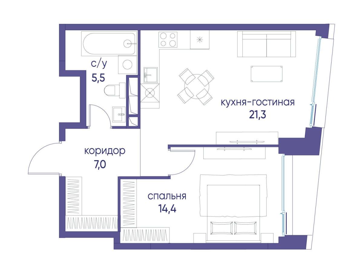 Планировка 1-комнатная квартира в ЖК "Остров"