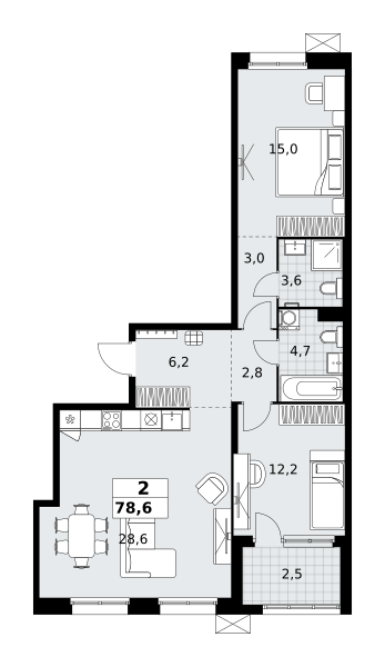 Планировка 2-комнатная квартира в ЖК "Дзен-кварталы"