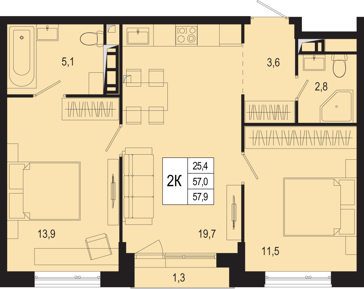 Планировка 2-комнатная квартира в ЖК "Новая Щербинка"