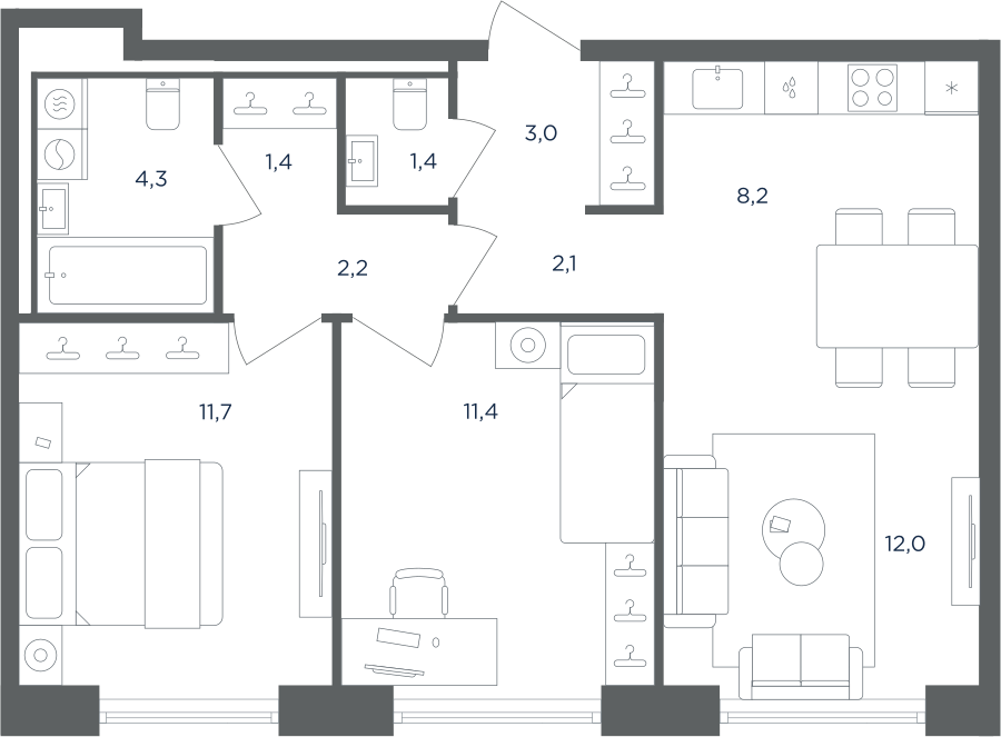 Планировка 3-комнатная квартира в ЖК "Равновесие"