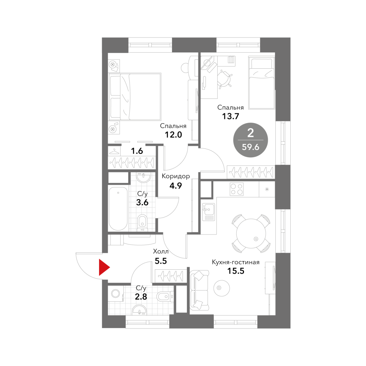 Планировка 2-комнатная квартира в ЖК Voxhall (Воксхолл)