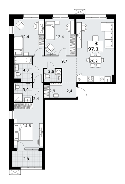 Планировка 3-комнатная квартира в ЖК "Дзен-кварталы"