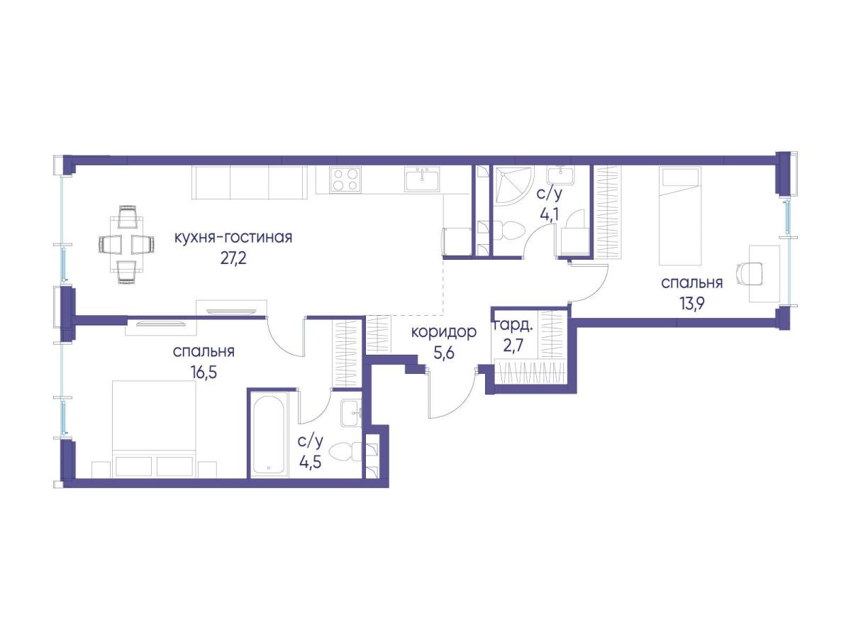 Планировка 2-комнатная квартира в ЖК "Событие"