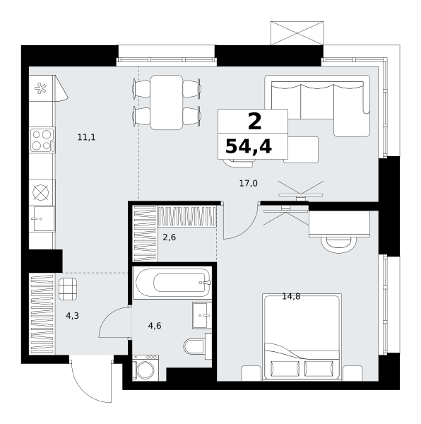 Планировка 2-комнатная квартира в ЖК "Дзен-кварталы"