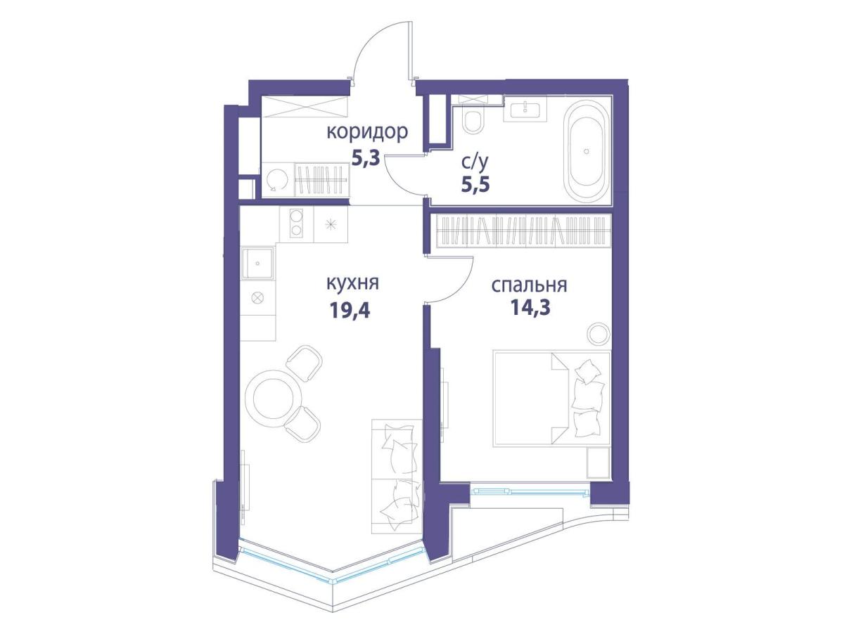 Планировка 1-комнатная квартира в ЖК "Символ"