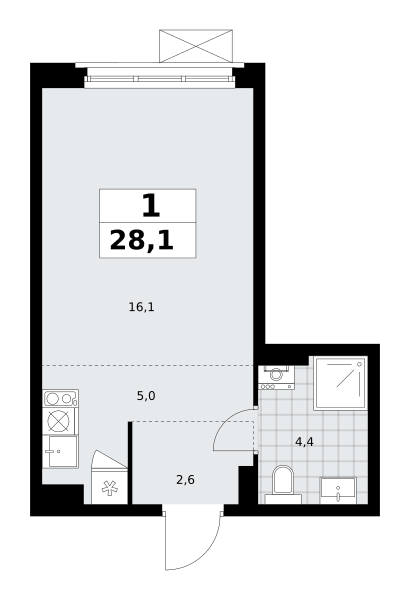 Планировка 1-комнатная квартира в ЖК "Прокшино"