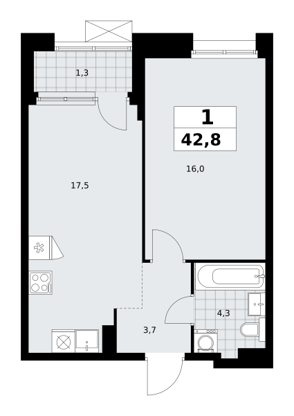 Планировка 1-комнатная квартира в ЖК "Прокшино"