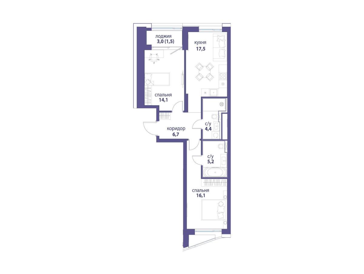 Планировка 2-комнатная квартира в ЖК "Символ"