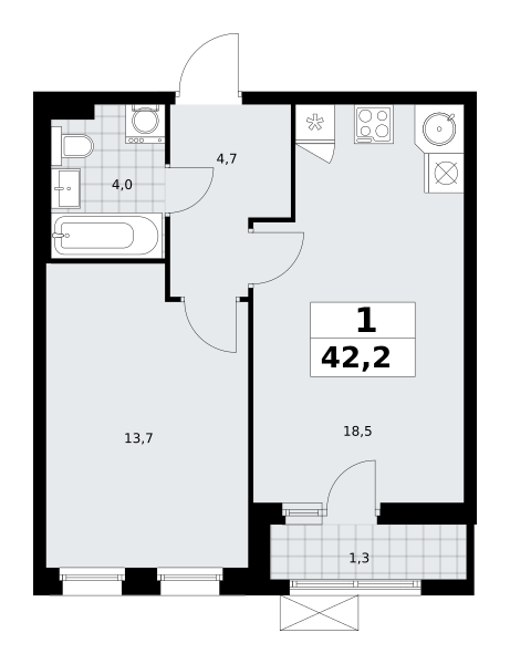 Планировка 1-комнатная квартира в ЖК "Прокшино"