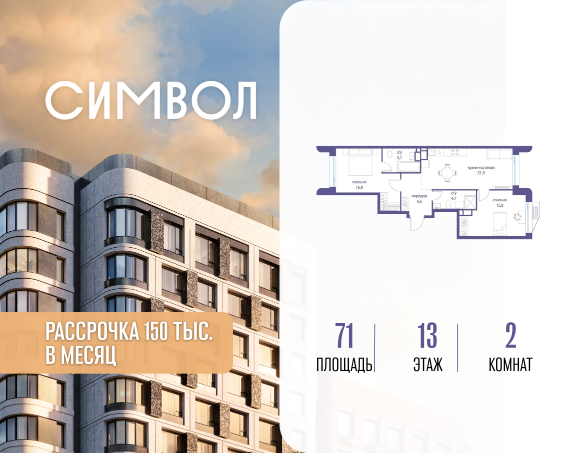 Планировка 2-комнатная квартира в ЖК "Символ"