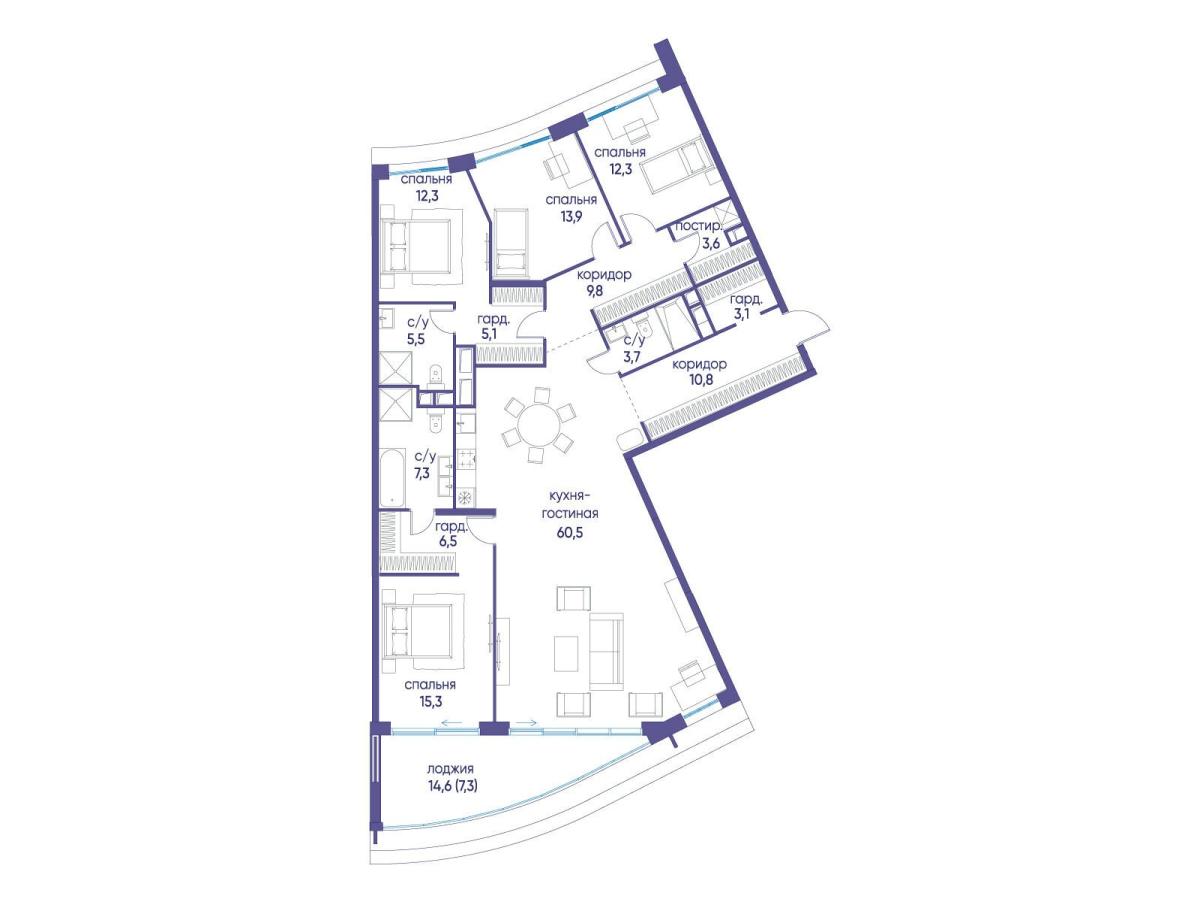 Планировка 4-комнатная квартира в ЖК "Остров"
