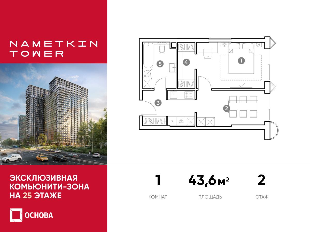 Планировка 1-комнатная квартира в ЖК Nametkin Tower (Наметкин Тауэр)
