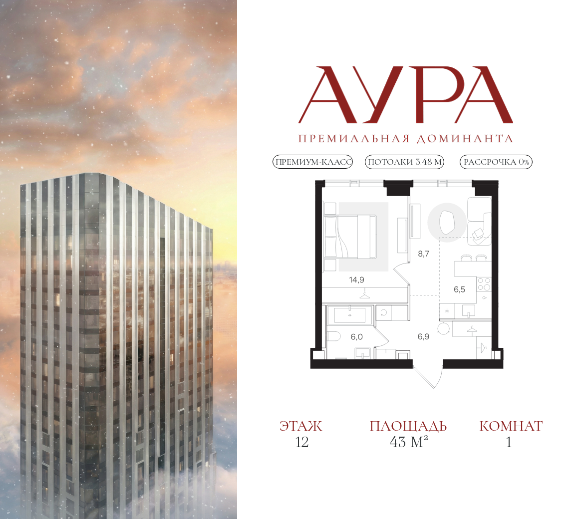 Планировка 1-комнатная квартира в ЖК "АУРА" (Мангазея на Тульской)