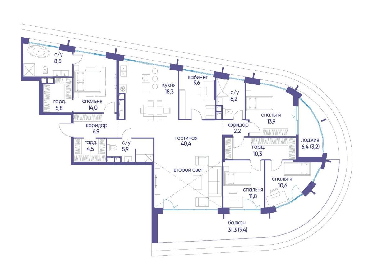 Планировка Многокомнатная квартира в ЖК "Остров"