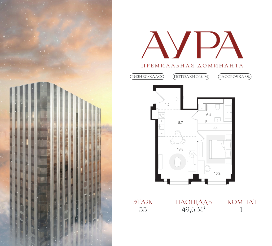 Планировка 1-комнатная квартира в ЖК "АУРА" (Мангазея на Тульской)