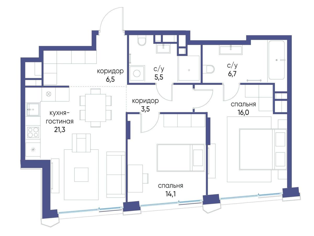 Планировка 2-комнатная квартира в ЖК "Остров"