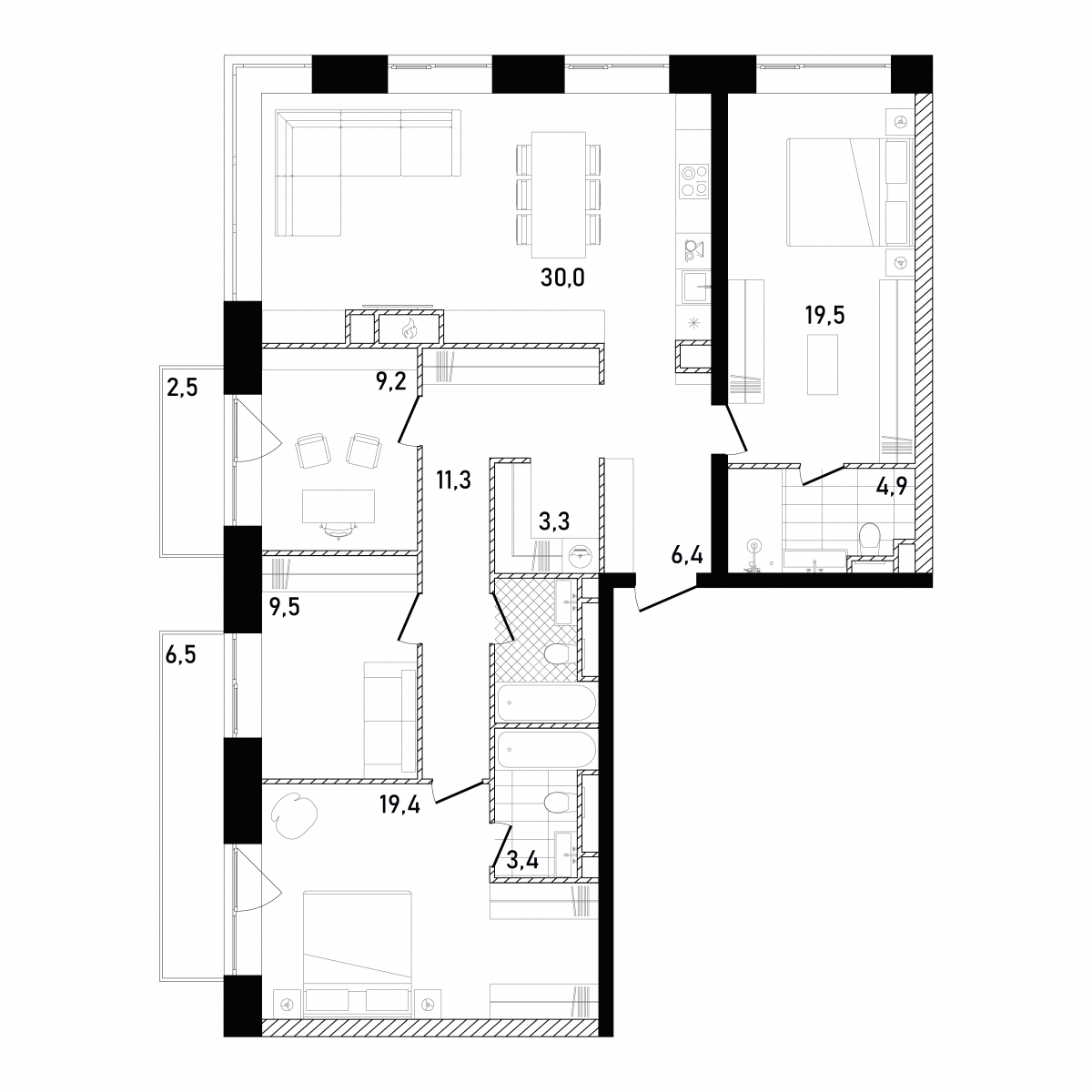 Планировка 3-комнатная квартира в ЖК Republic (Репаблик)