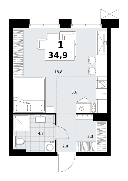 Планировка 1-комнатная квартира в ЖК "Дзен-кварталы"