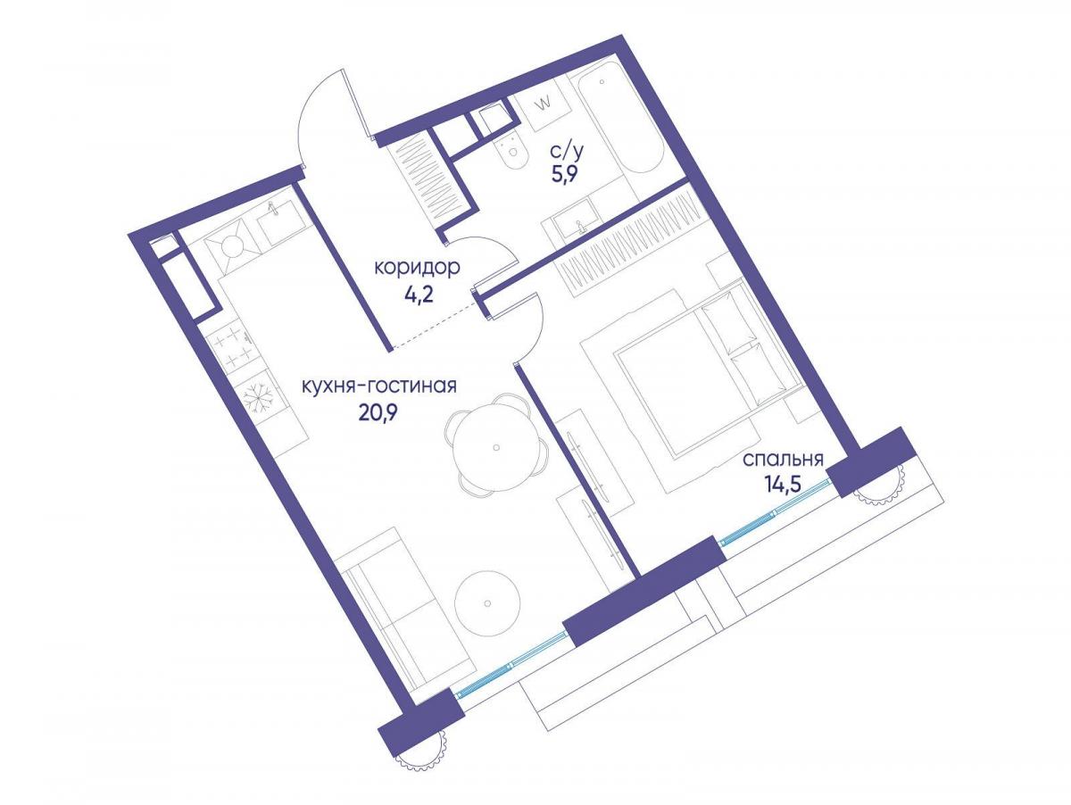 Планировка 1-комнатная квартира в ЖК "Остров"