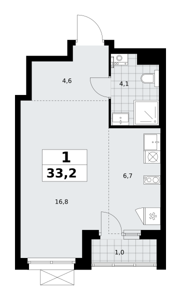 Планировка 1-комнатная квартира в ЖК "Прокшино"