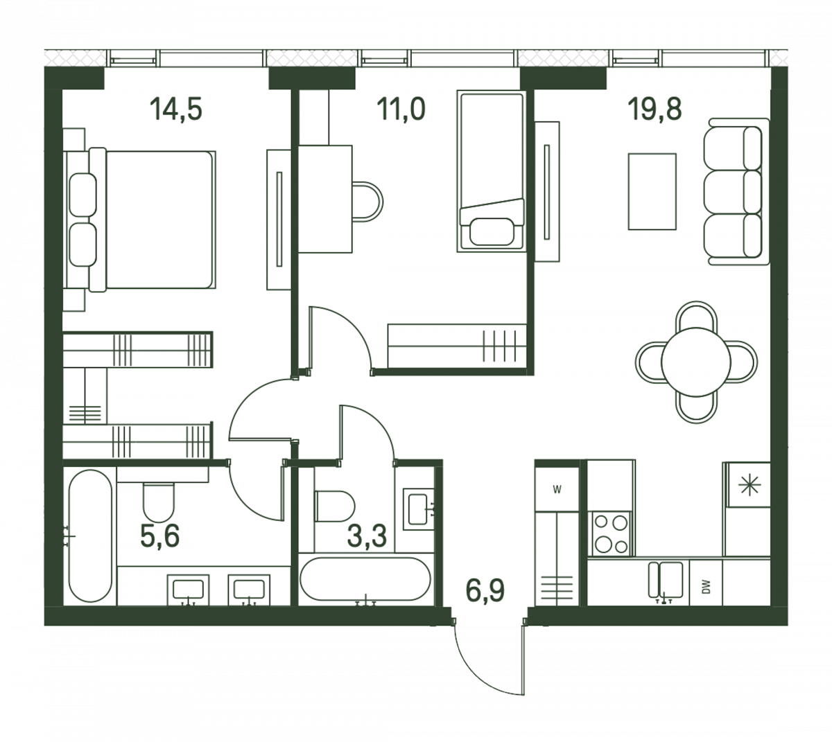 Планировка 2-комнатная квартира в ЖК Moments (Моментс)