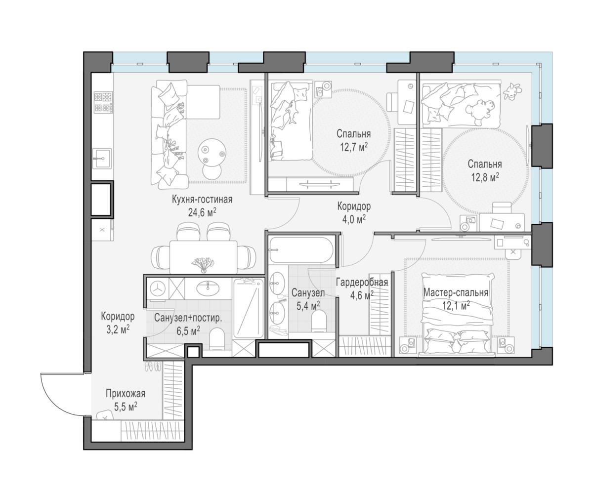 Планировка 4-комнатная квартира в ЖК West Garden (Вест Гарден)