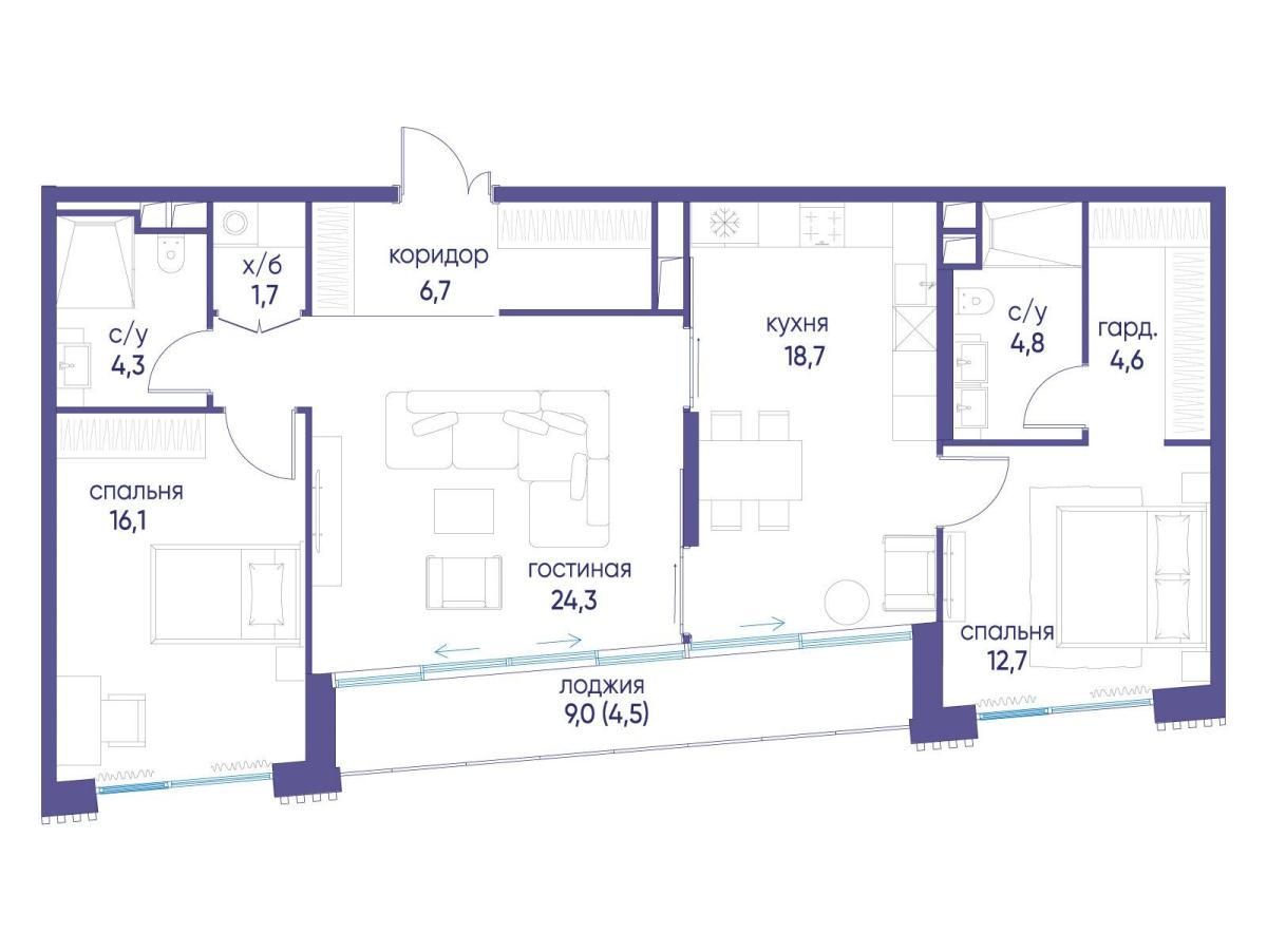 Планировка 3-комнатная квартира в ЖК "Остров"