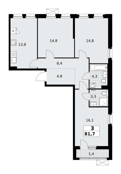 Планировка 3-комнатная квартира в ЖК "Прокшино"