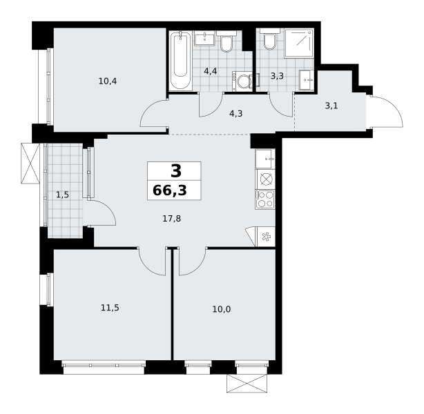 Планировка 3-комнатная квартира в ЖК "Прокшино"