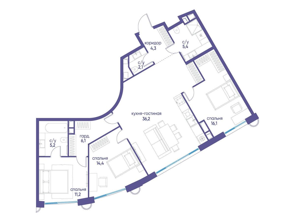 Планировка 3-комнатная квартира в ЖК "Остров"