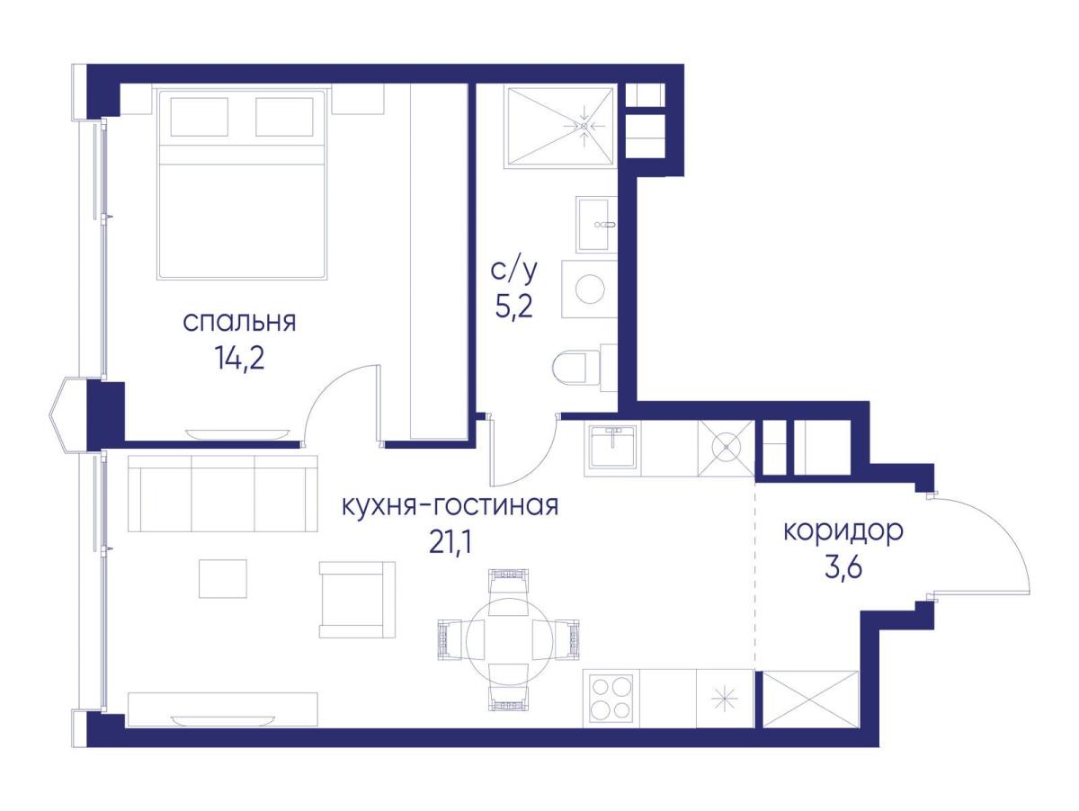 Планировка 1-комнатная квартира в ЖК "Остров"