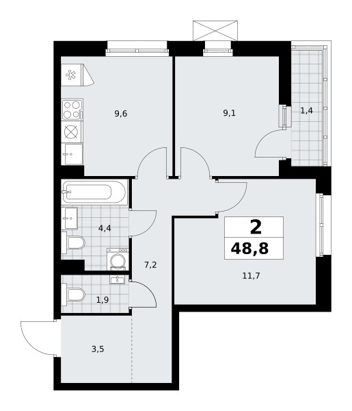 Планировка 2-комнатная квартира в ЖК "Прокшино"