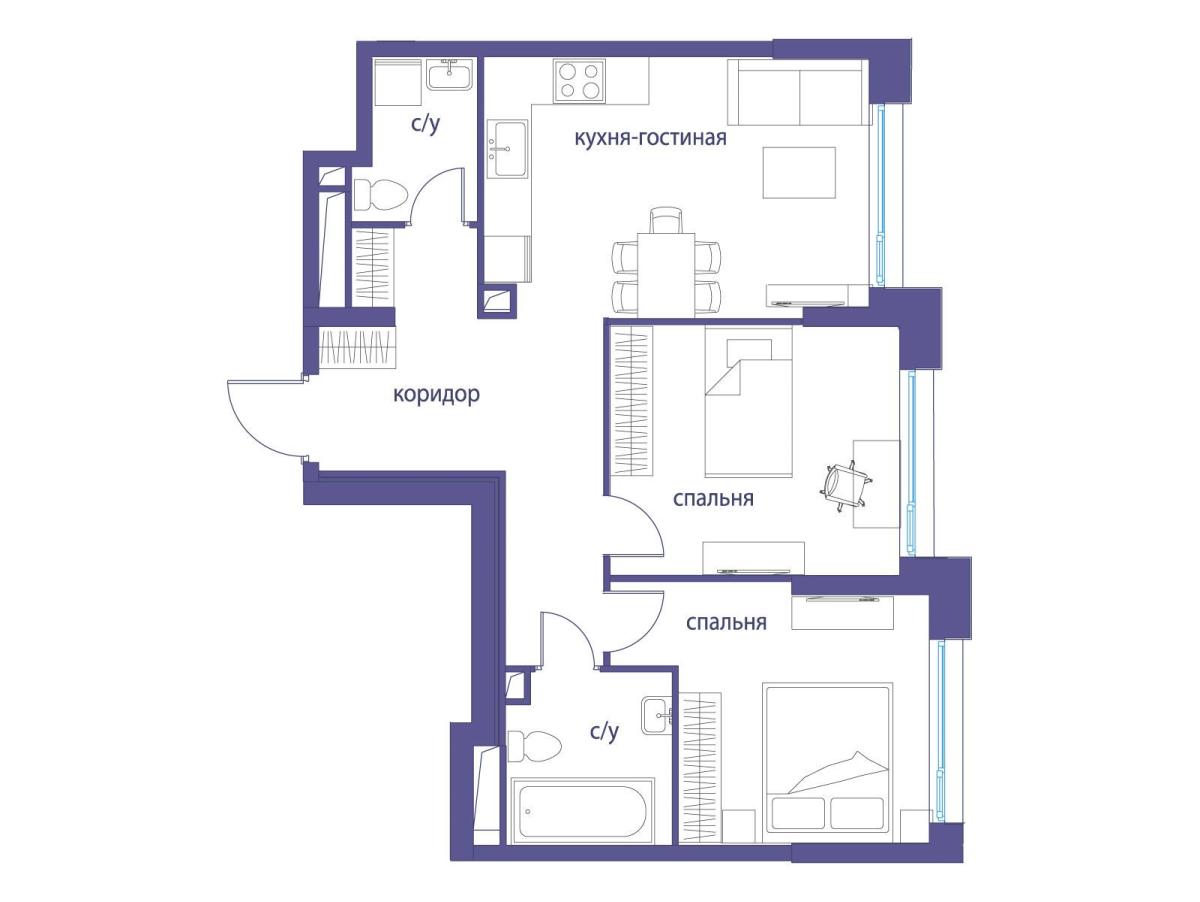 Планировка 2-комнатная квартира в ЖК "Символ"