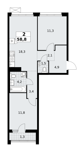 Планировка 2-комнатная квартира в ЖК "Прокшино"