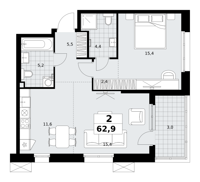 Планировка 2-комнатная квартира в ЖК "Дзен-кварталы"