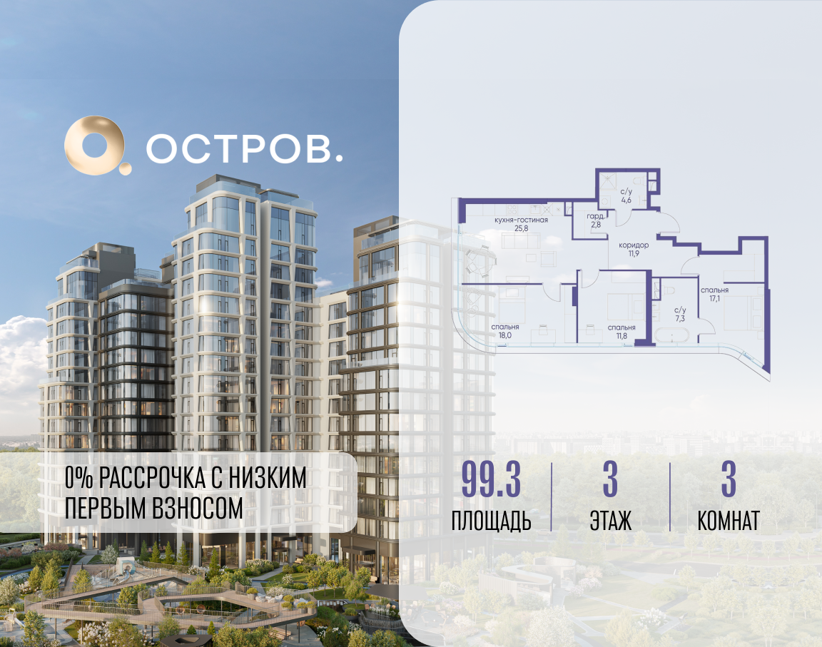 Планировка 3-комнатная квартира в ЖК "Остров"