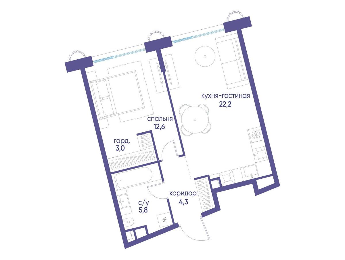 Планировка 1-комнатная квартира в ЖК "Остров"