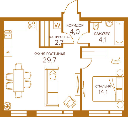 Планировка 1-комнатная квартира в ЖК Champine (Шампайн)