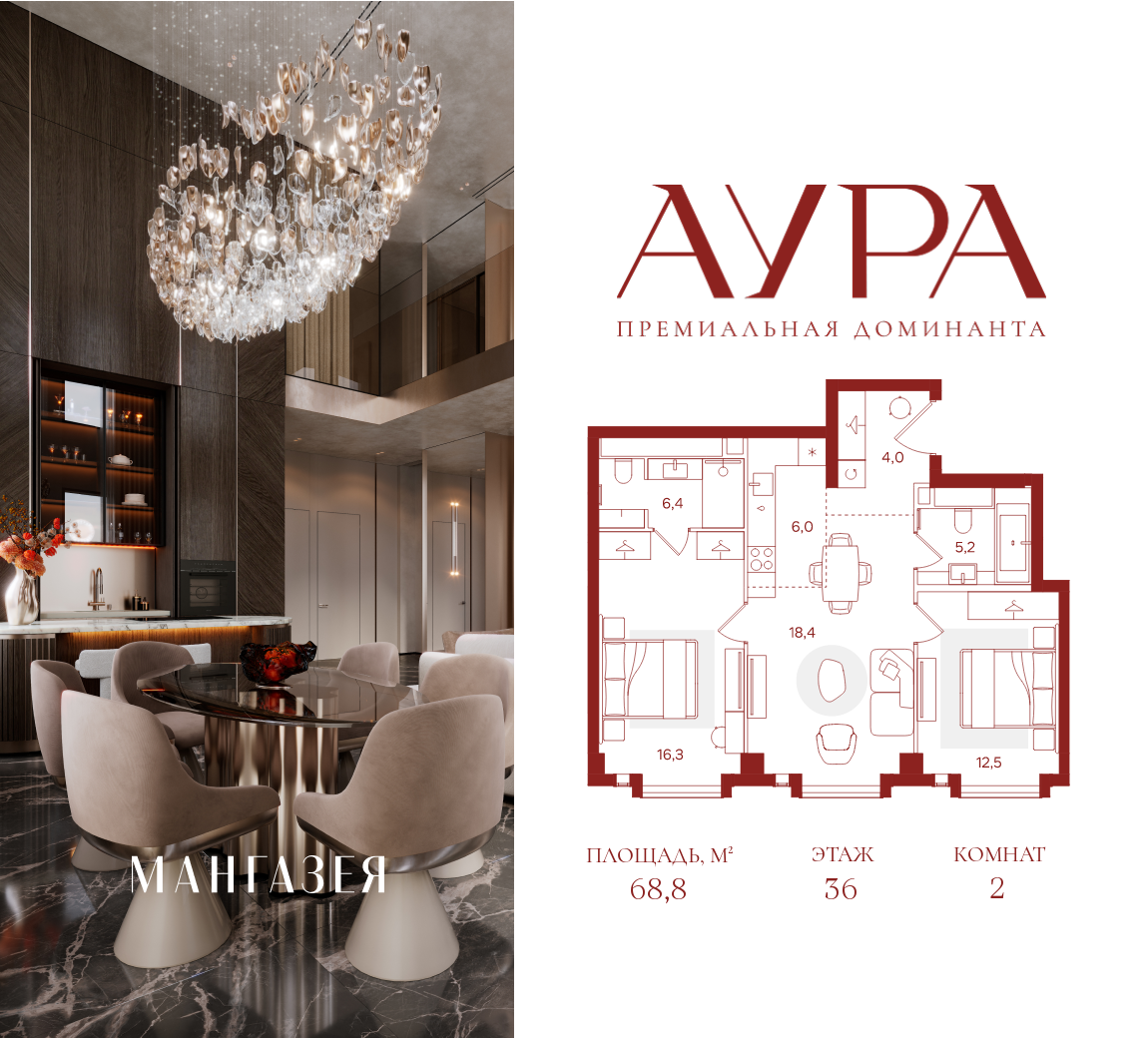 Планировка 2-комнатная квартира в ЖК "АУРА" (Мангазея на Тульской)