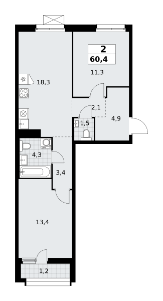 Планировка 2-комнатная квартира в ЖК "Прокшино"