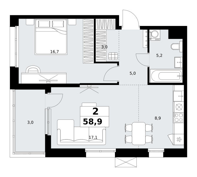Планировка 2-комнатная квартира в ЖК "Дзен-кварталы"