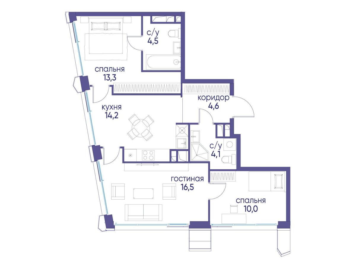 Планировка 3-комнатная квартира в ЖК "Остров"