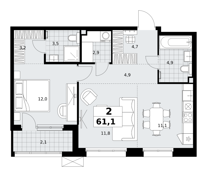 Планировка 2-комнатная квартира в ЖК "Дзен-кварталы"