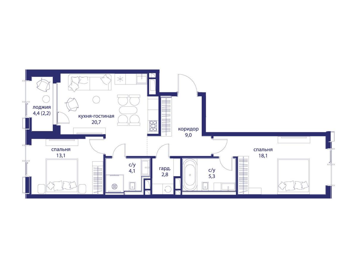 Планировка 2-комнатная квартира в ЖК "Событие"