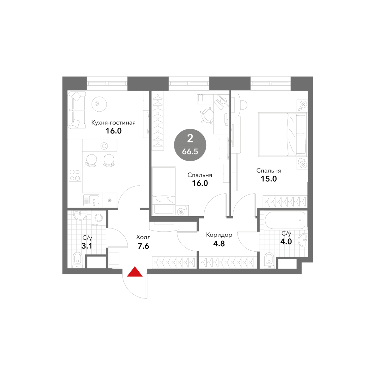 Планировка 2-комнатная квартира в ЖК Voxhall (Воксхолл)