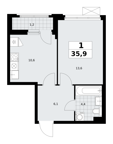 Планировка 1-комнатная квартира в ЖК "Прокшино"