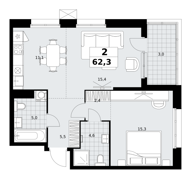 Планировка 2-комнатная квартира в ЖК "Дзен-кварталы"