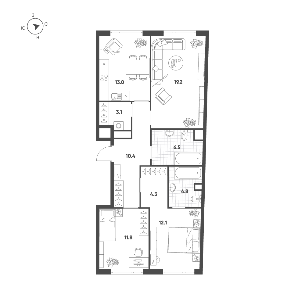 Планировка 3-комнатная квартира в ЖК Voxhall (Воксхолл)