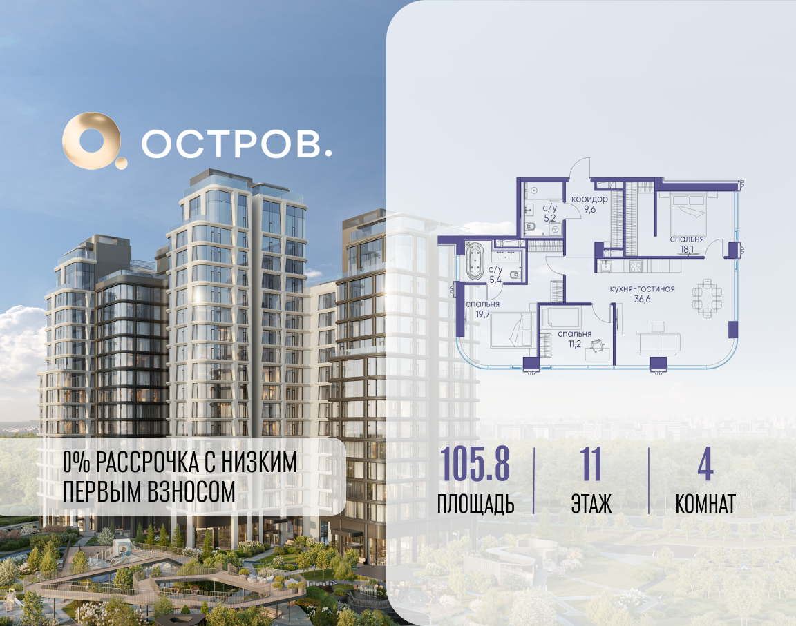 Планировка 4-комнатная квартира в ЖК "Остров"