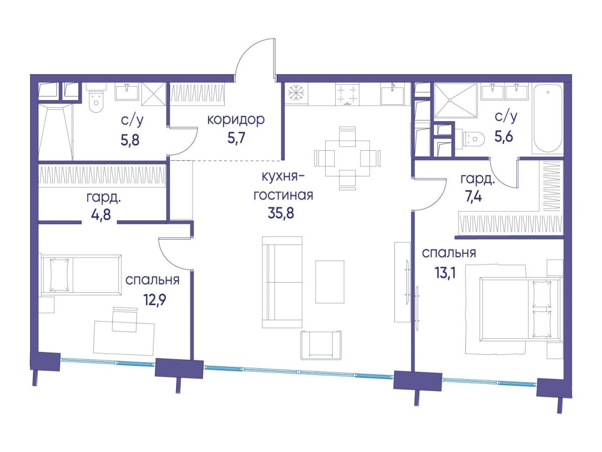 Планировка 2-комнатная квартира в ЖК "Остров"
